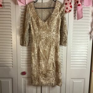 Sue Wong Gold and Cream Lace Dress